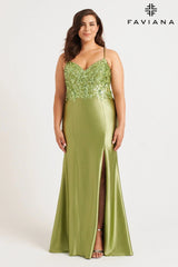 Plus Size Stretch Satin Gown With Bustier Sequin Appliqué | 9563