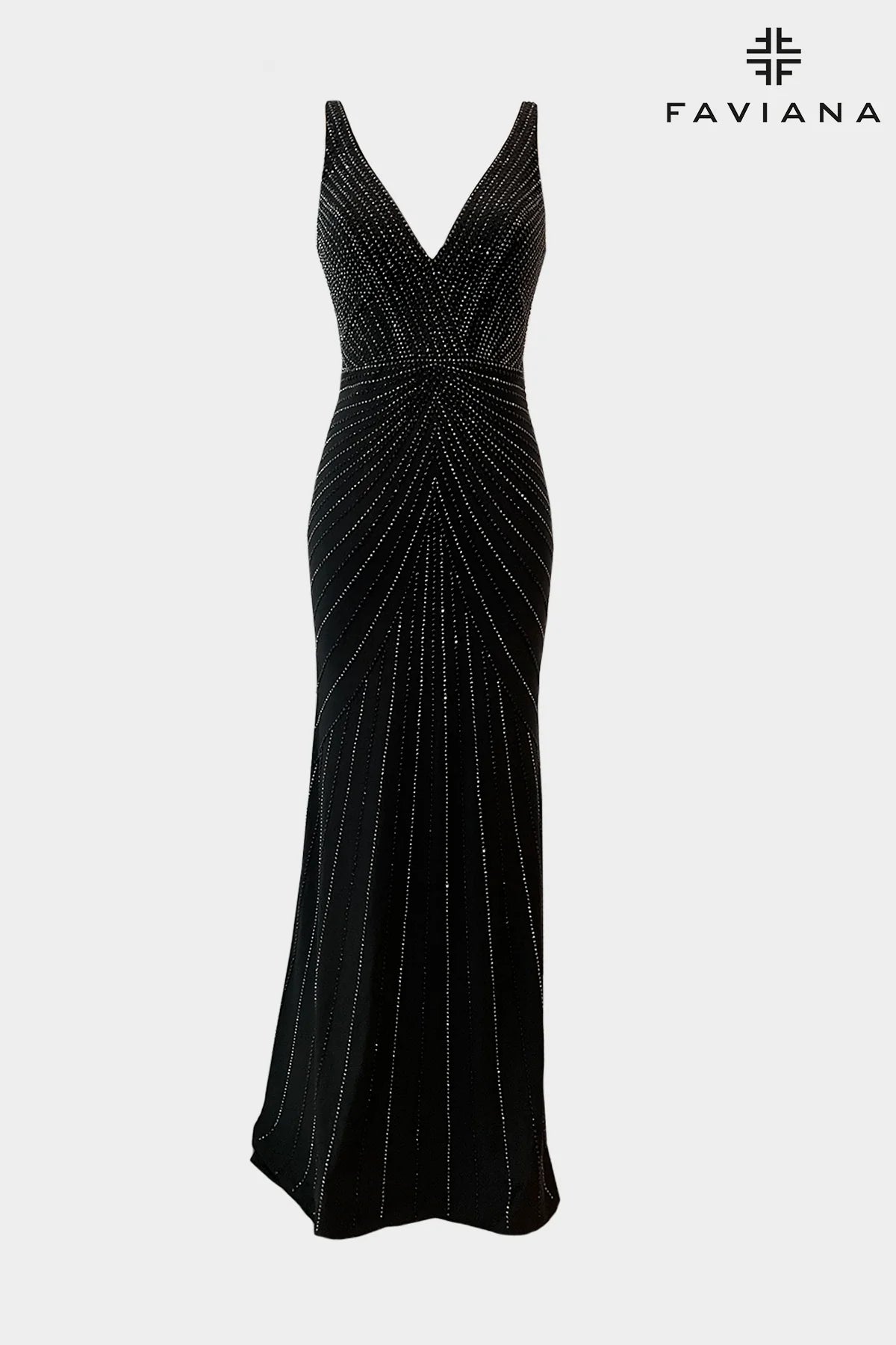 Long V Neck Dress With V Neckline And Linear Beaded Pattern