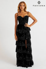 Black Layered Tulle Dress With Corset Bodice And Embellished Skirt | E11087