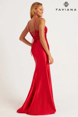 Red Stretch Satin Gown With Beaded Appliqué Paneling and Leg Slit | 11205