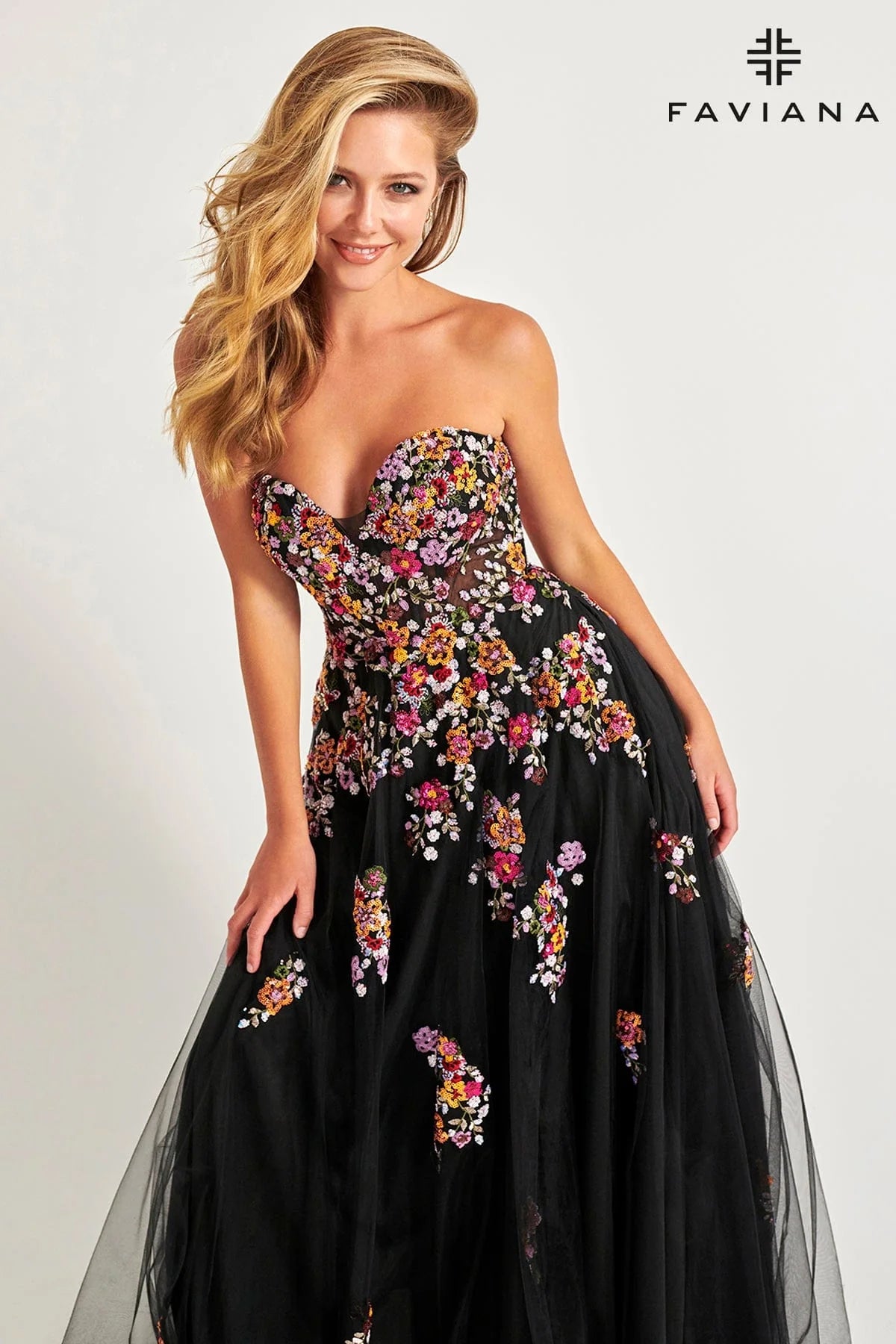 Strapless Corset Dress With Flowy Tulle Skirt And Floral Applique | 11028