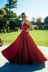 Ruby Red Satin Ballgown Dress With Lace Up Back And V Neck | S10252