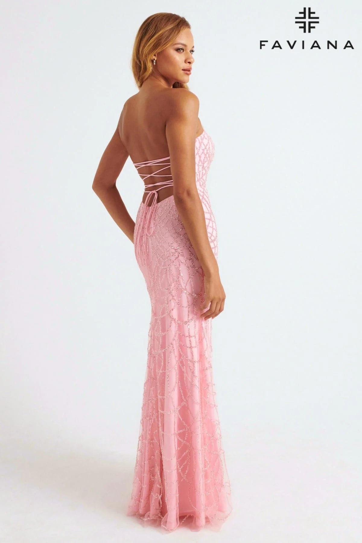 Strapless Dress With Beaded Appliqué Tulle And Lace-Up Back | 11085