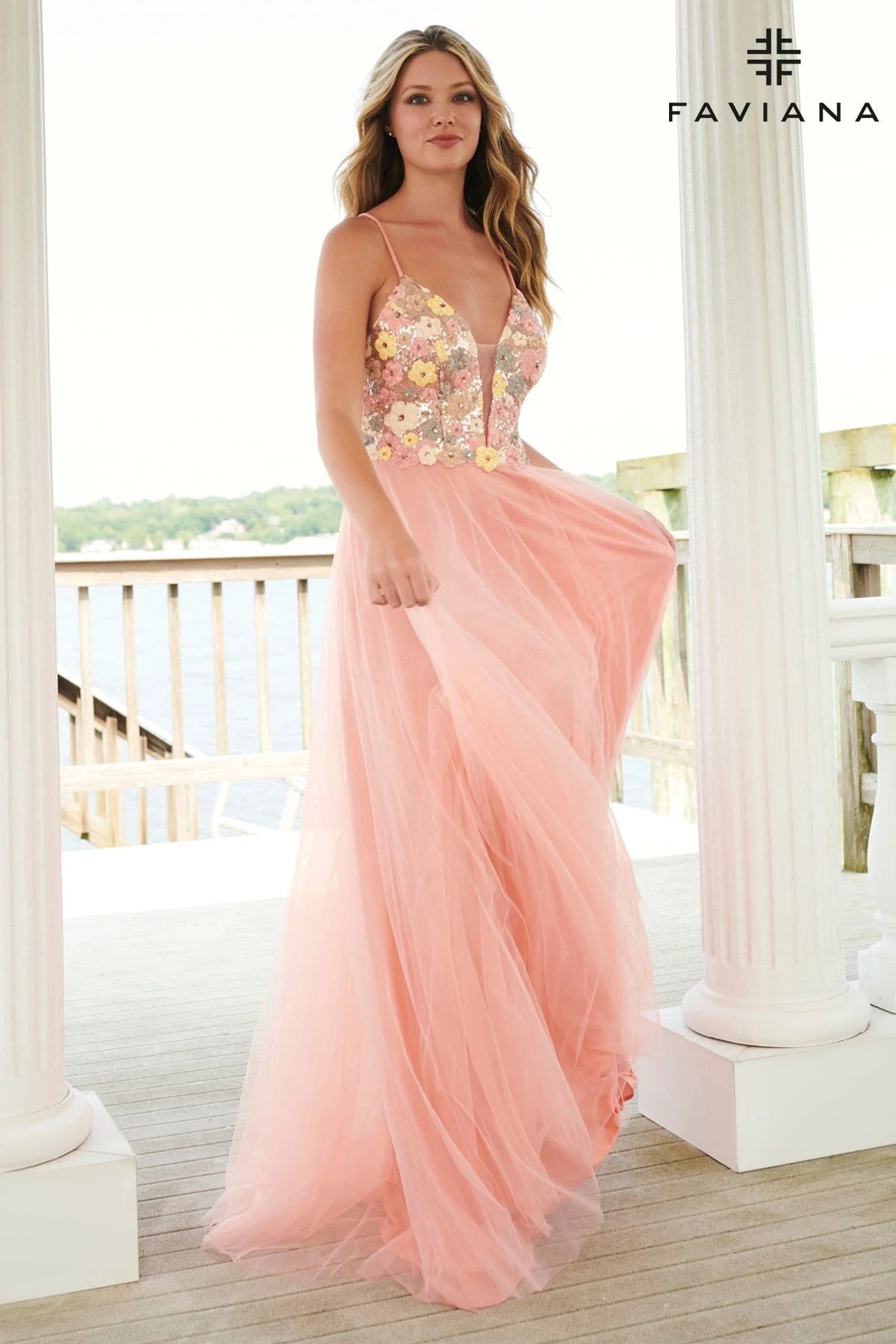 V-Neck Floral Sequin Prom Dress With Flowy Tulle Skirt | 11001