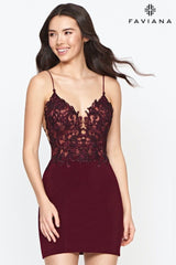 Short Bodycon Jersey V Neck Dress With Lace Bodice