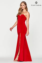 Long Strapless Stretch Faille Satin Dress With Corset Boning