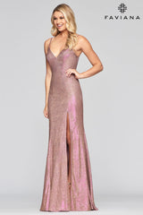 Sparkly Metallic Long Jersey Dress With Leg Slit