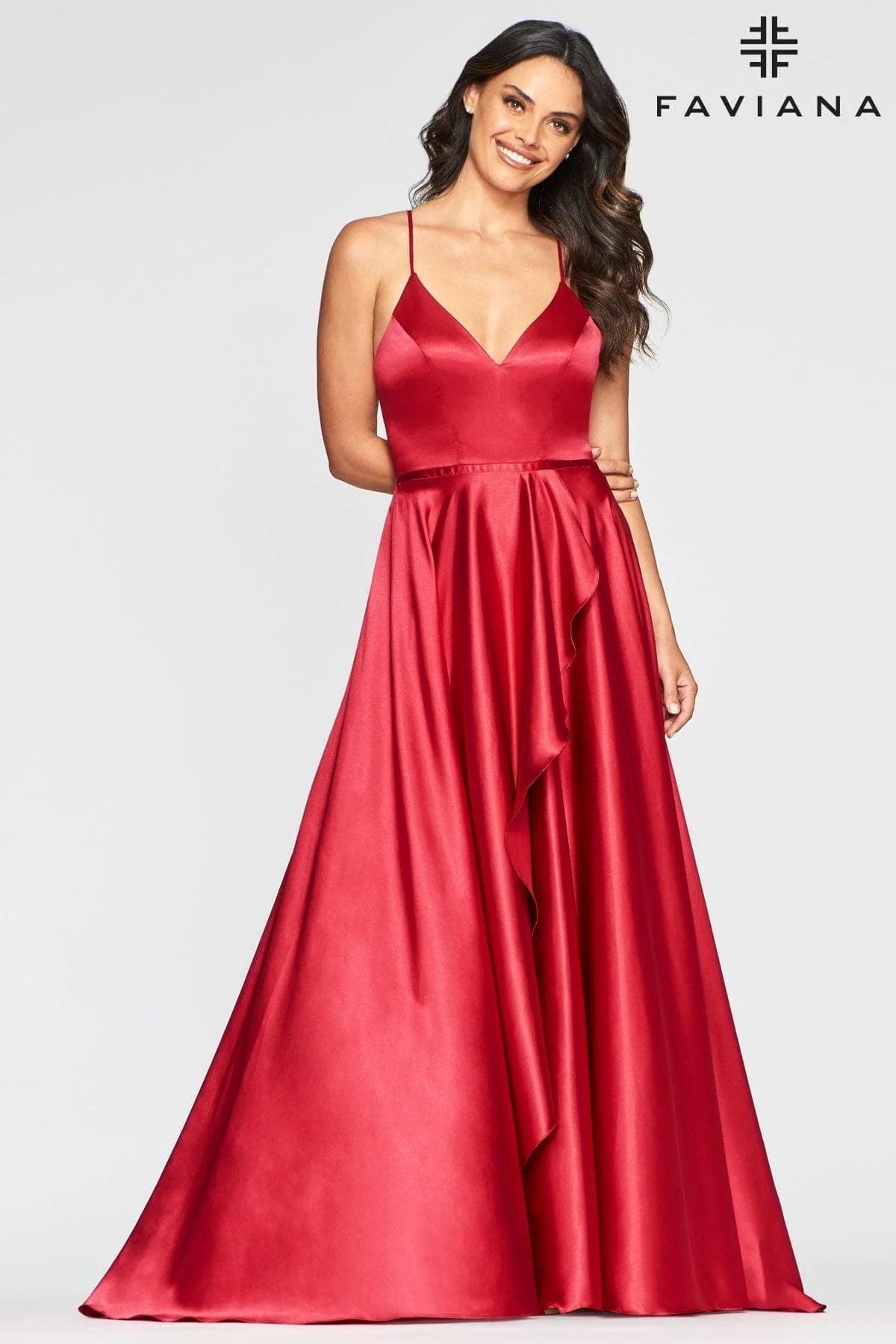 Charmeuse V Neckline Dress With Ruffle Front Slit