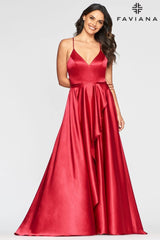 Charmeuse V Neckline Dress With Ruffle Front Slit