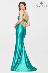 Satin Scoop Neck Dress With Strappy Open Back Detailing And Fit And Flare Skirt