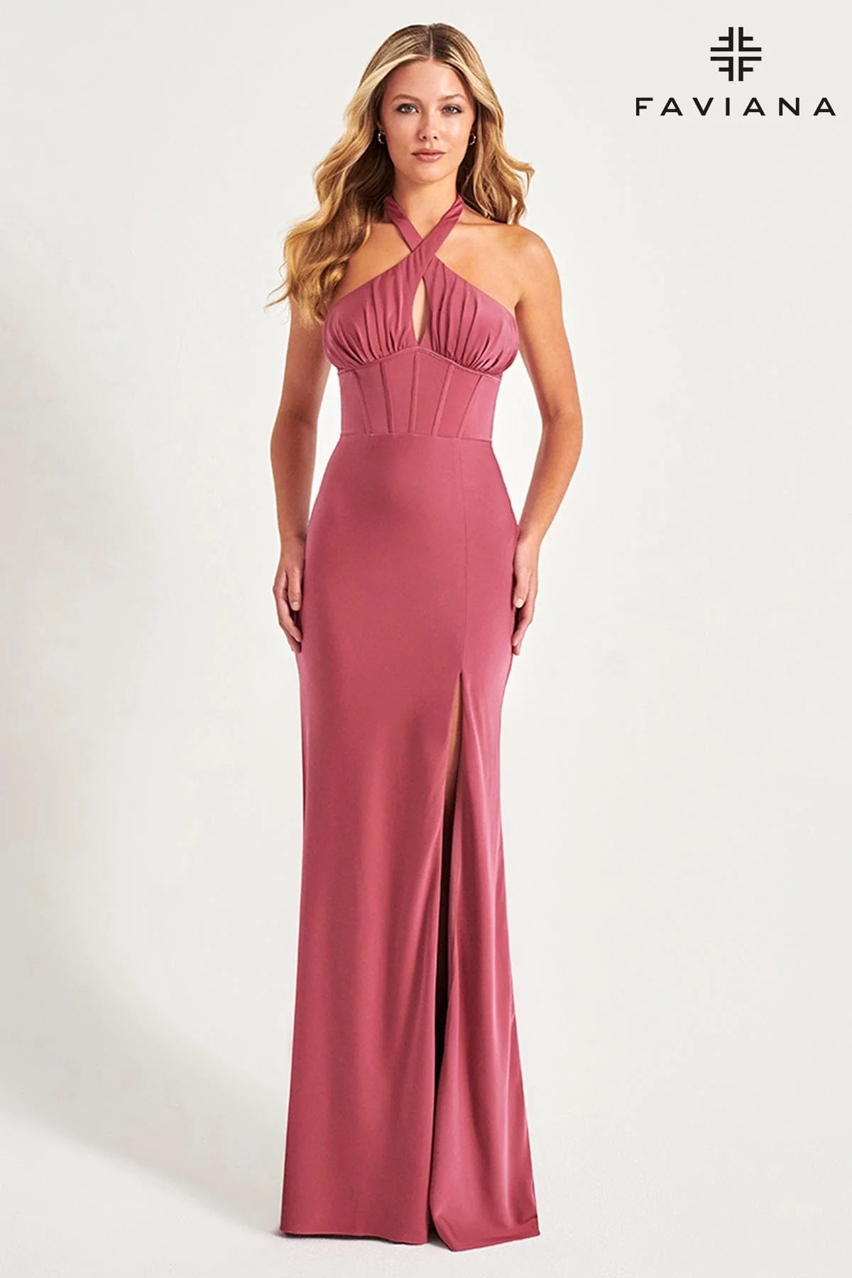 Halter Neck Corset Dress In Rose Matte Satin | 11065