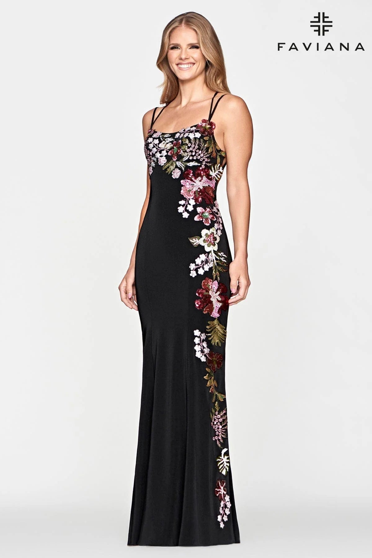 Sequin Applique Stretch Satin Long Dress With Open Lace Back