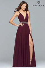 Long Chiffon V-Neck Dress With Beaded Waistband