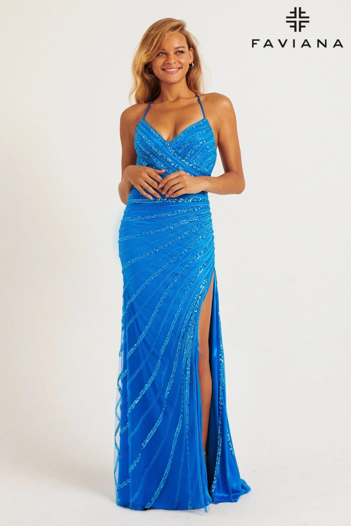 Bright Linear Beaded V-Neck Long Dress | 11242