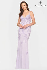 Lilac Beaded Lace Long V Neck Dress With Open Back | S10633