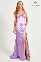 Long Lilac Satin Prom Dress With V-Neck Detail And Open Back | 11025