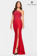 Beaded One Shoulder Long Dress With Strappy Back And Leg Slit | S10632