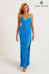 Bright Linear Beaded V-Neck Long Dress | 11242