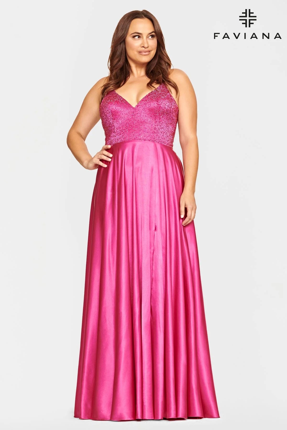 Hot Pink V Neck Long Charmeuse Dress With Beaded Bodice