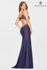 Navy Beaded Open Back V Neck Dress With Rhinestones | S10500