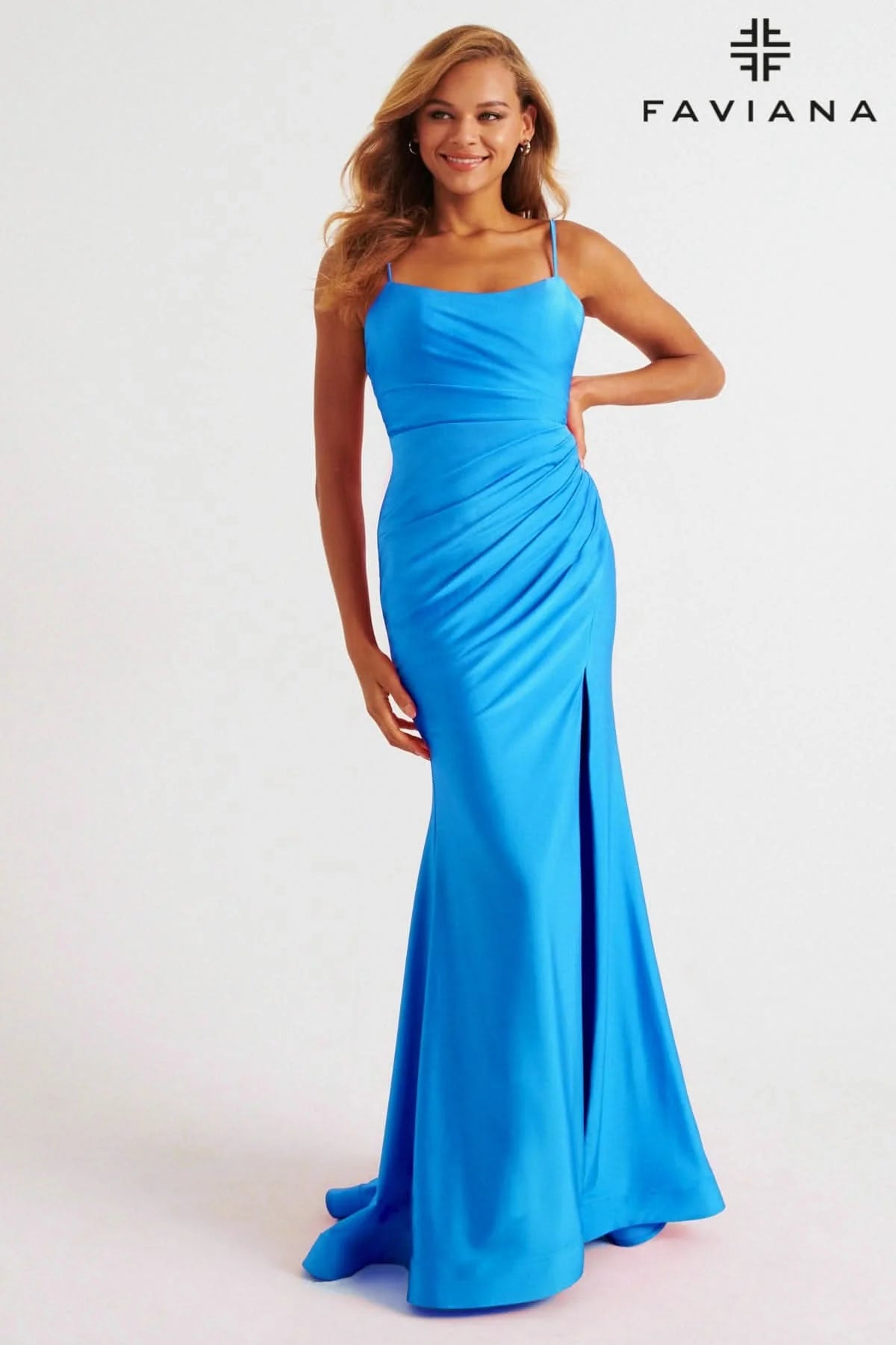 Sea Blue Scoop Neck Stretch Charmeuse Ruched Dress | E11265