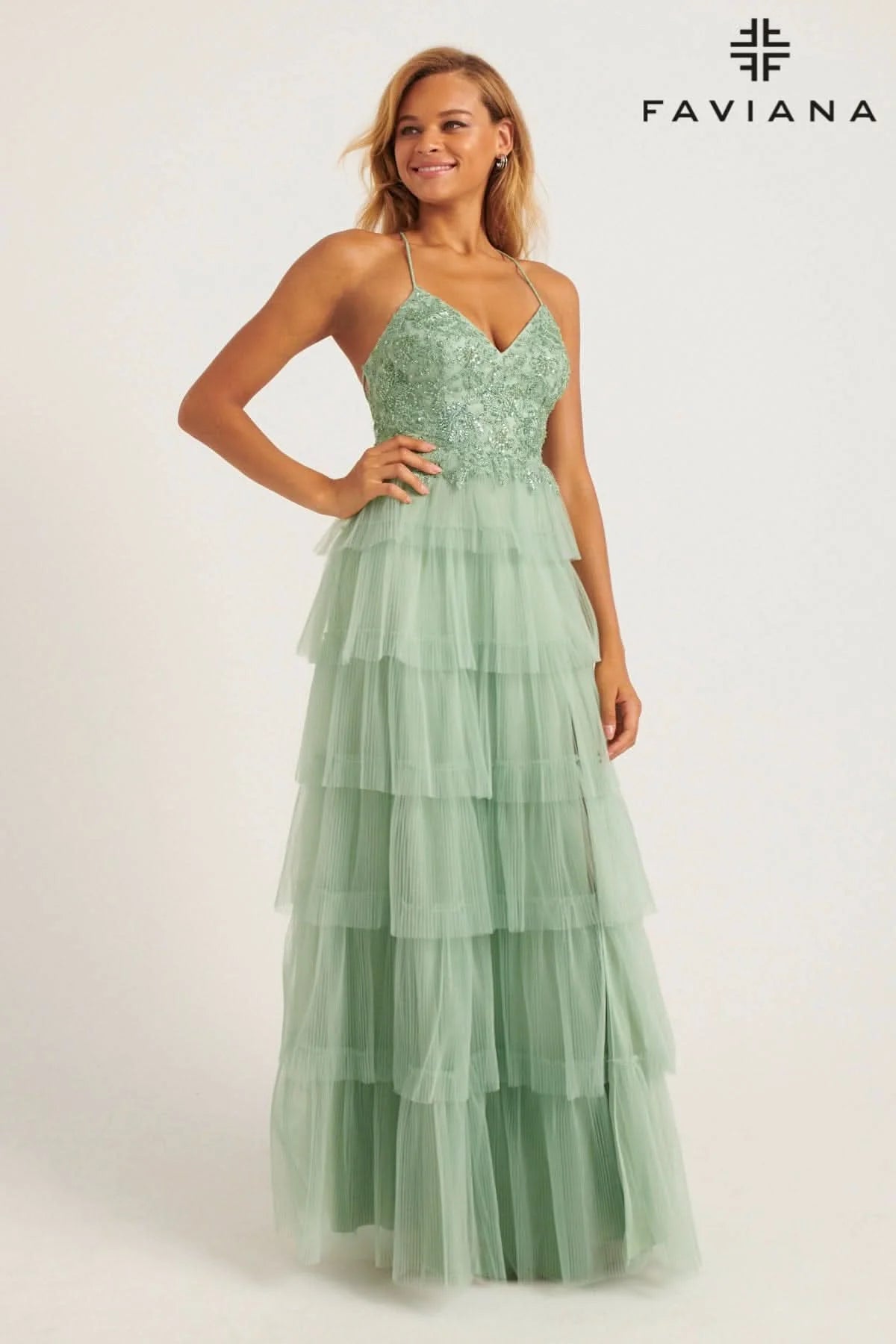 Sage Tiered Pleated Tulle Long Dress With Lace V-Neck Bustier | 11231