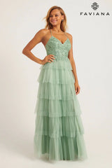 Tiered Pleated Tulle Long Dress With Lace V-Neck Bustier | 11231