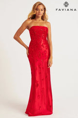 Strapless Satin Appliqué Dress With Side Slit | 11228