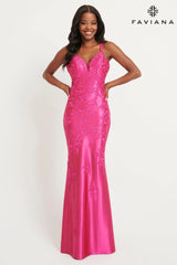 Shiny Satin Dress With Lace Applique And Open Back | 11082