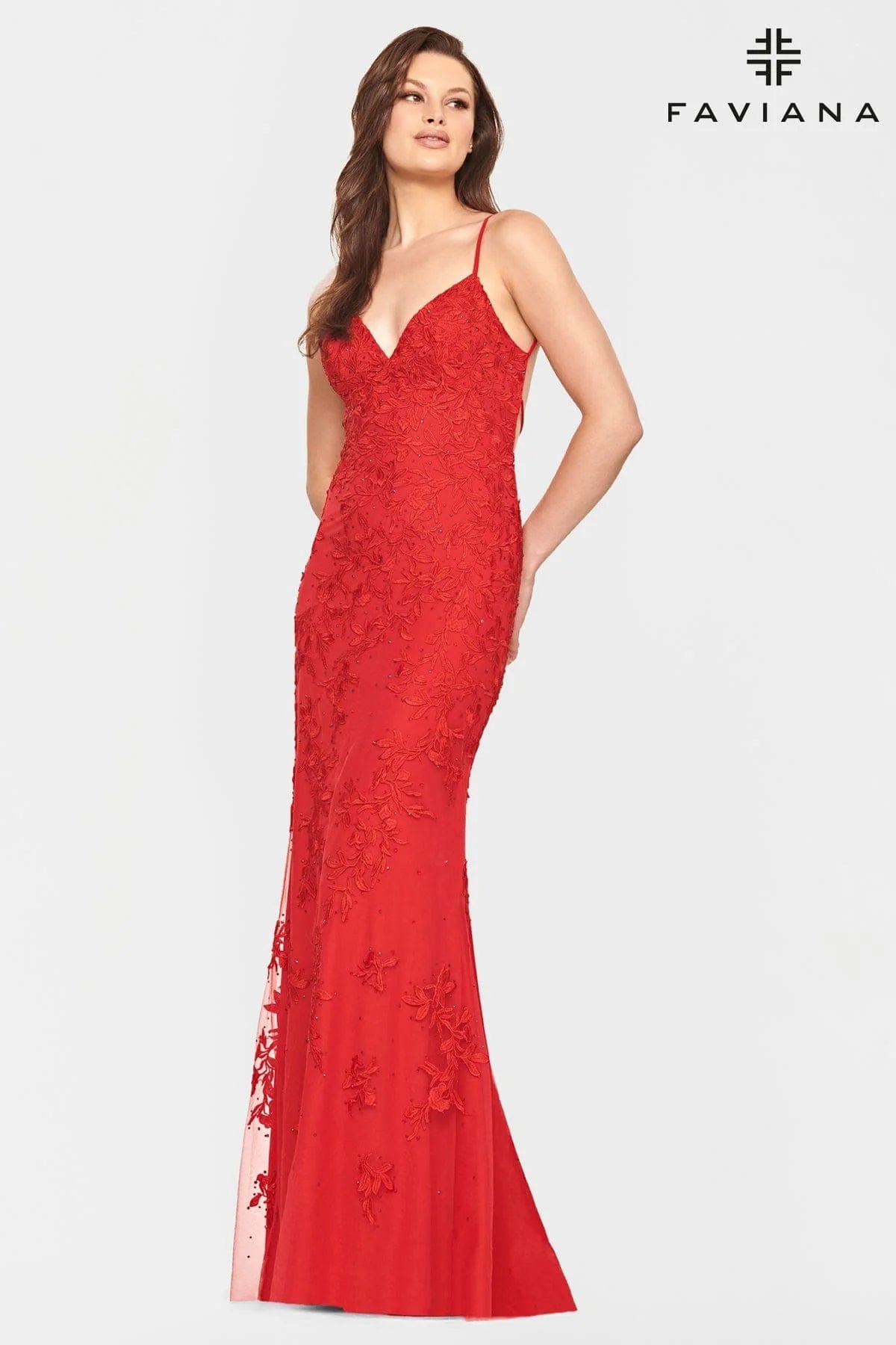 Red Lace Long Dress With V Neck And Lace Up Open Back | S10508