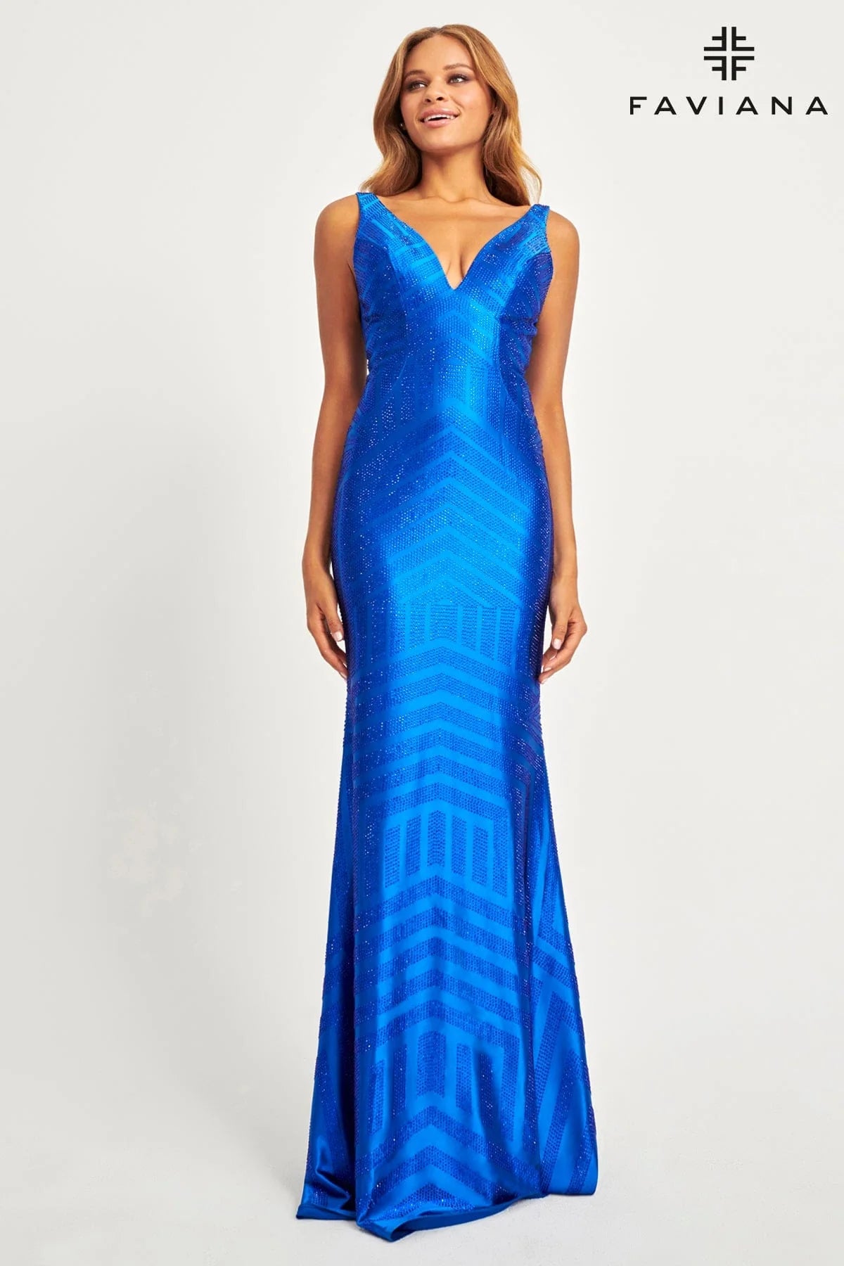 Long Beaded V Neckline Dress With Deep V And Mesh Side Panels