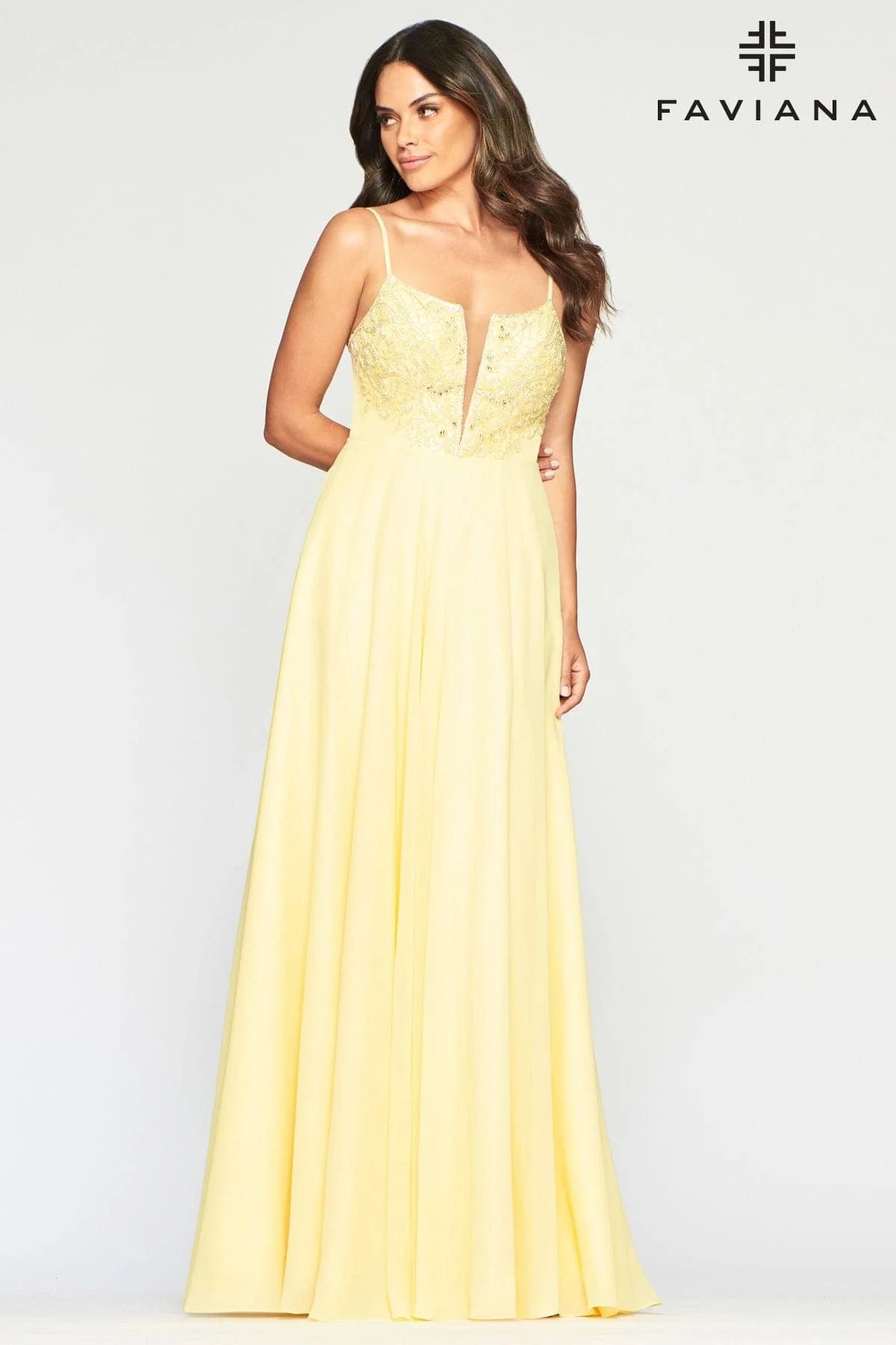 Chiffon Long Prom Dress With Deep V Neckline And Beading Applique