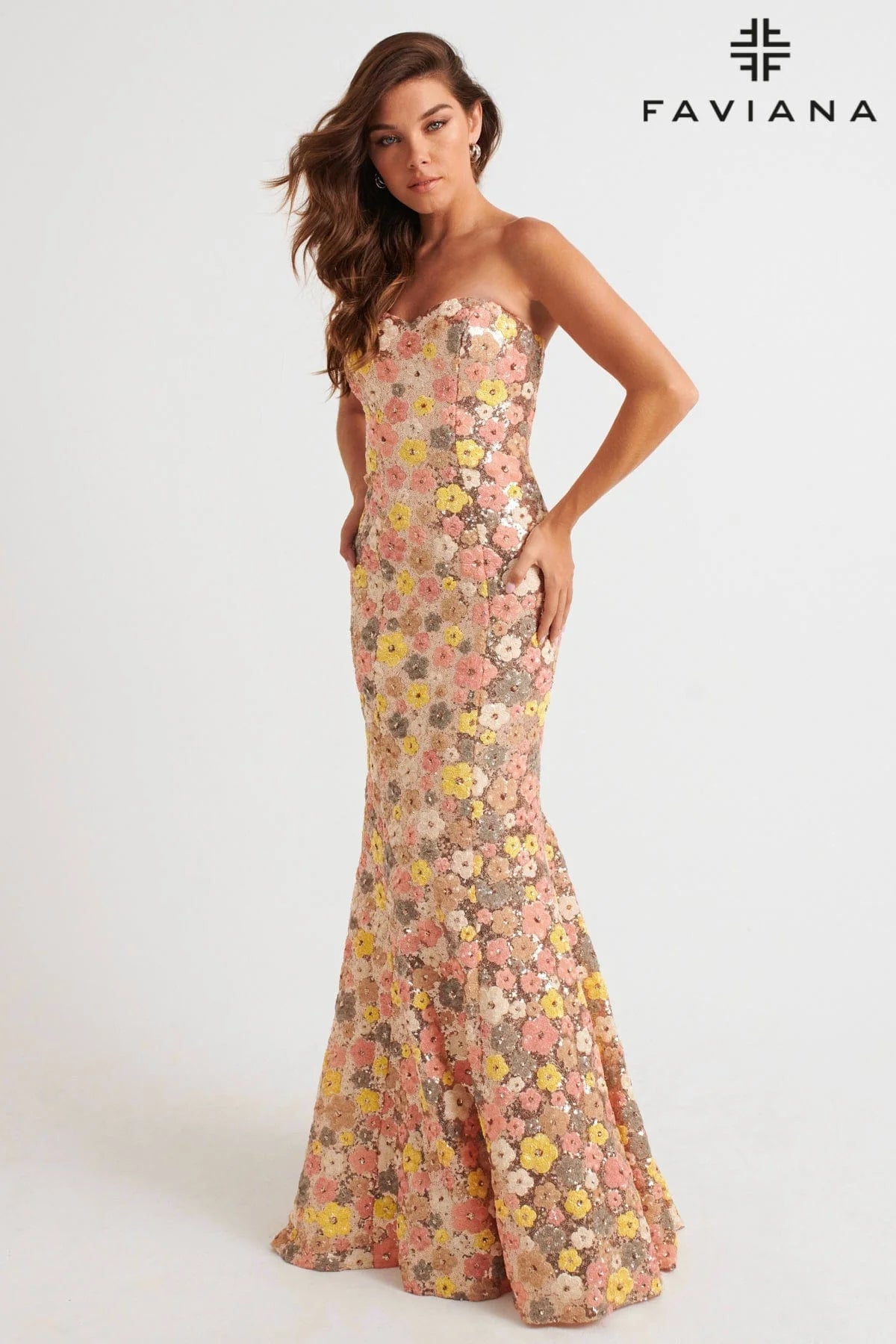 Strapless Sequin Mermaid Dress With Colorful Floral Design | 11036