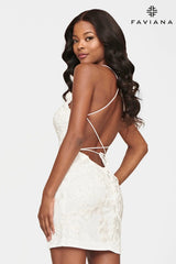 White Short Jersey Dress With Embroidered Lace And Beading | S10602