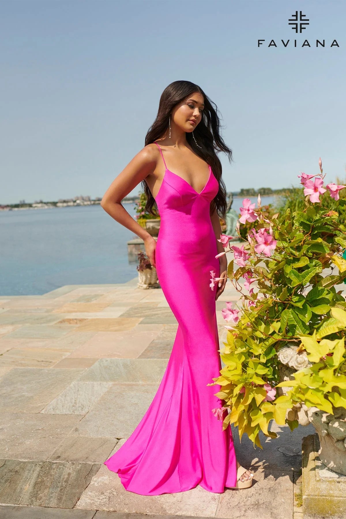 Hot Pink V Neckline Prom Dress With Stretch Fabric And Corset Back | S10826