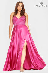 V Neck Long Charmeuse Dress With Beaded Bodice