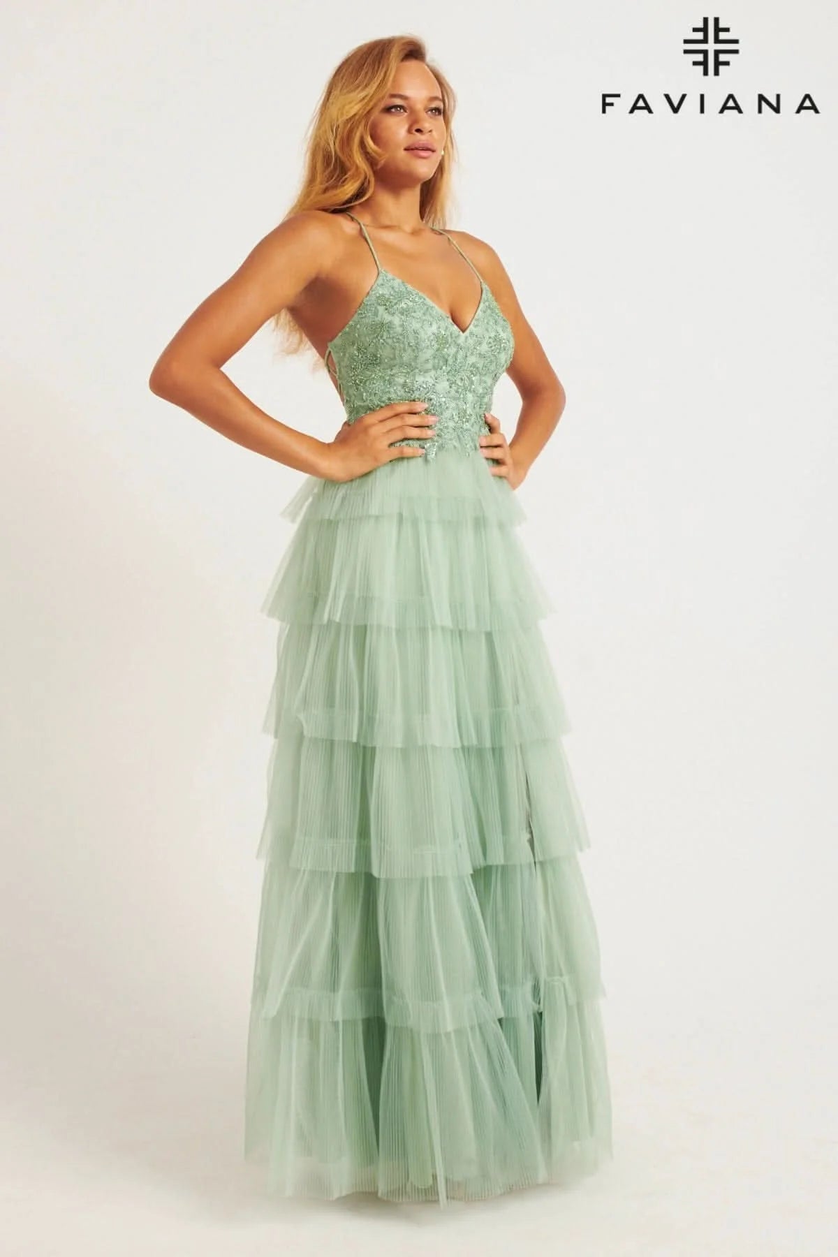 Sage Tiered Pleated Tulle Long Dress With Lace V-Neck Bustier | 11231