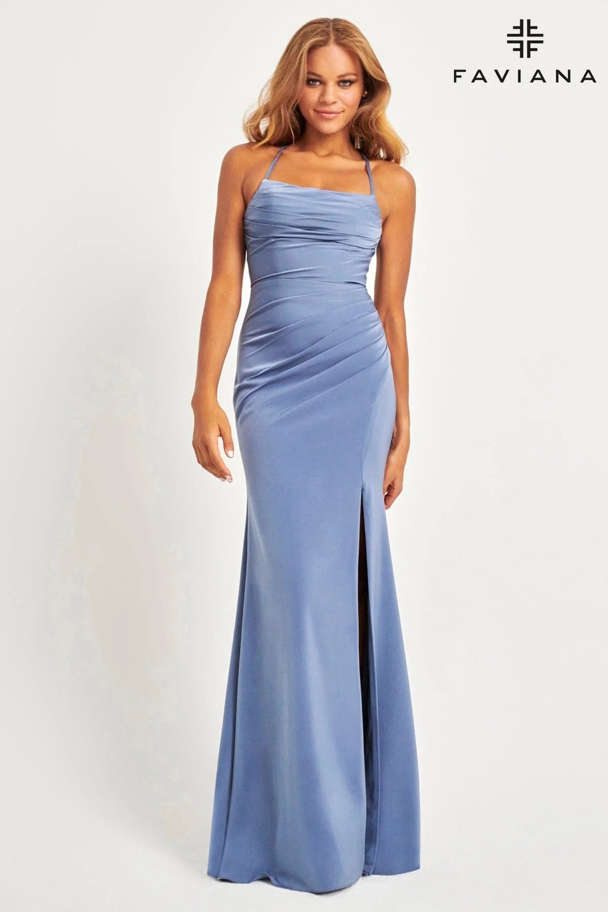 Slate Blue Matte Satin Maxi Dress With Gathered Side And Lace-Up Back | 11064