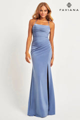 Slate Blue Matte Satin Maxi Dress With Gathered Side And Lace-Up Back | 11064