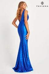 Long Beaded V Neckline Dress With Deep V And Mesh Side Panels