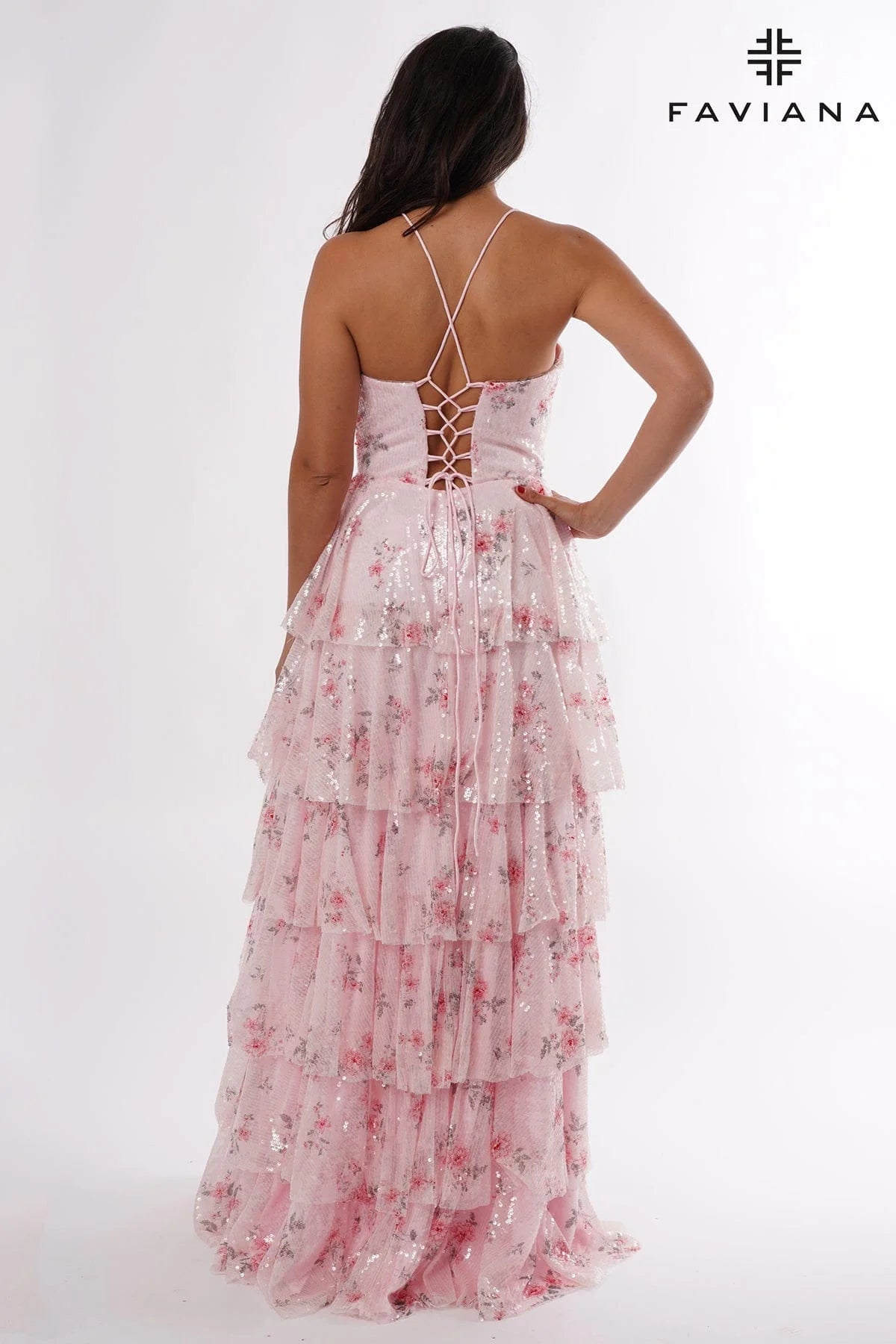 Vintage Floral Sequin Tiered Frilly Long Dress | E11223