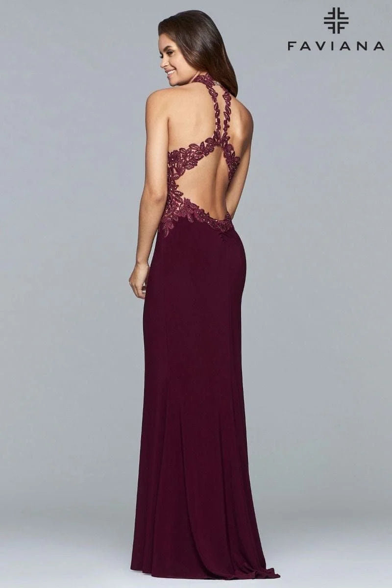 Jersey Halter Evening Dress With Lace Applique Bodice And Choker