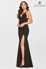 Jersey V Neck Long Dress With Beaded Lace Applique