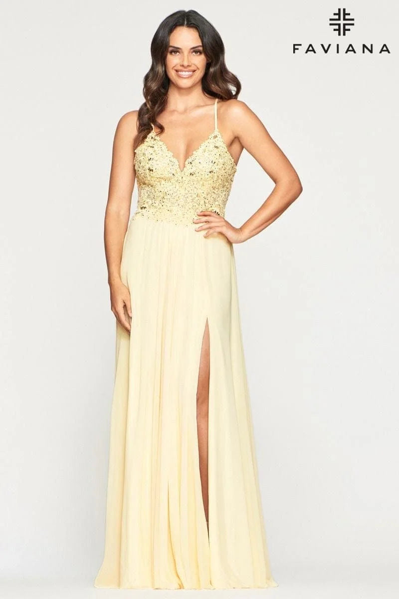 Long Chiffon Cold Shoulder Dress And Lace Applique Bodice