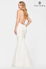 White Beaded Lace Long V Neck Dress With Open Back | S10633