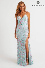 Light Blue V-Neck Multi-Colored Floral Beaded Appliqué Long Dress With Lace-Up Back | 11263