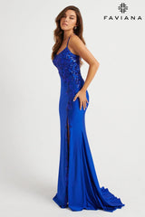 Royal Scoop Neck Gown With Sequin Applique And Lace-Up Back | 11017