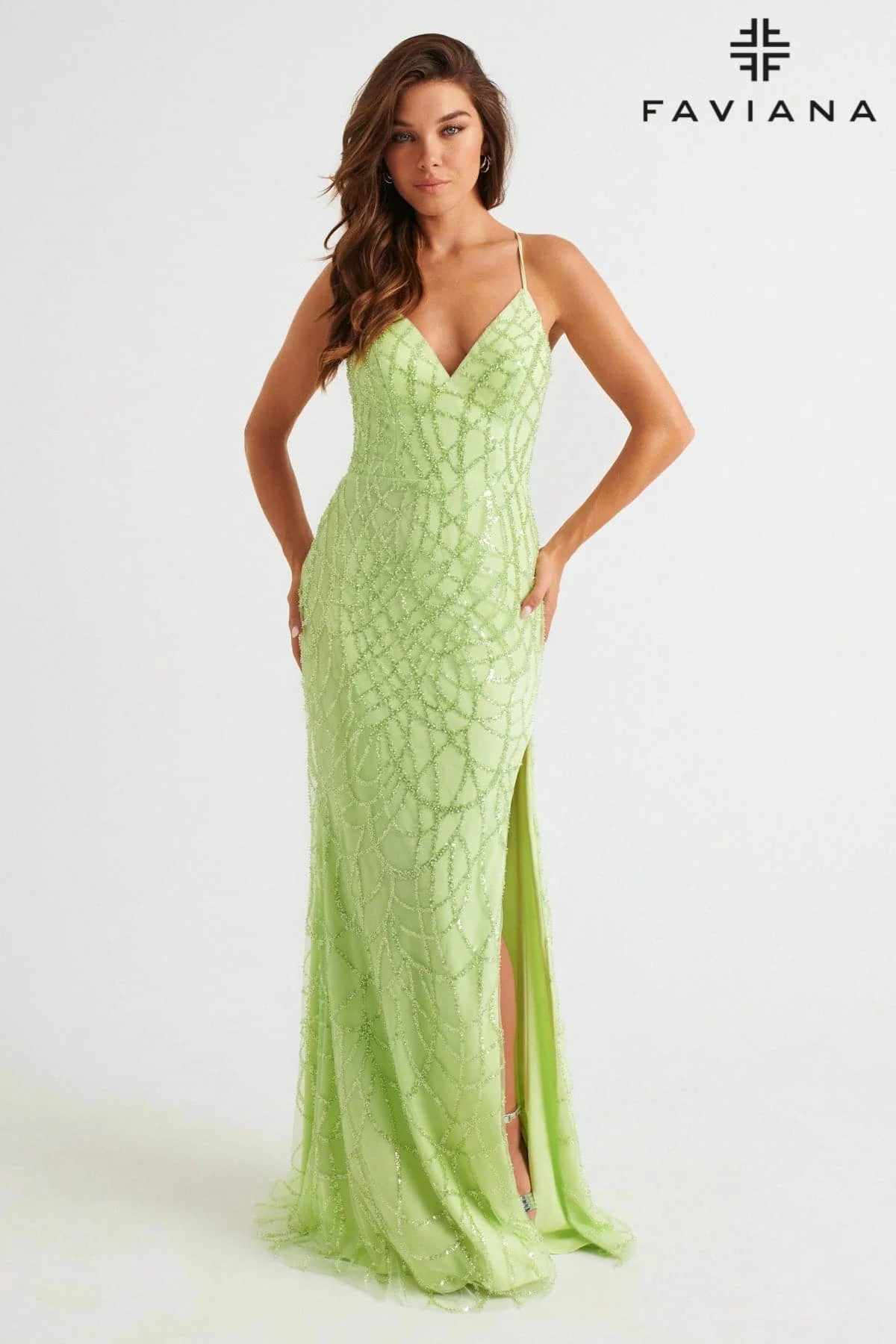 Celery Green V-Neck Dress With Silver Beaded Appliqué And Side Slit | 11084