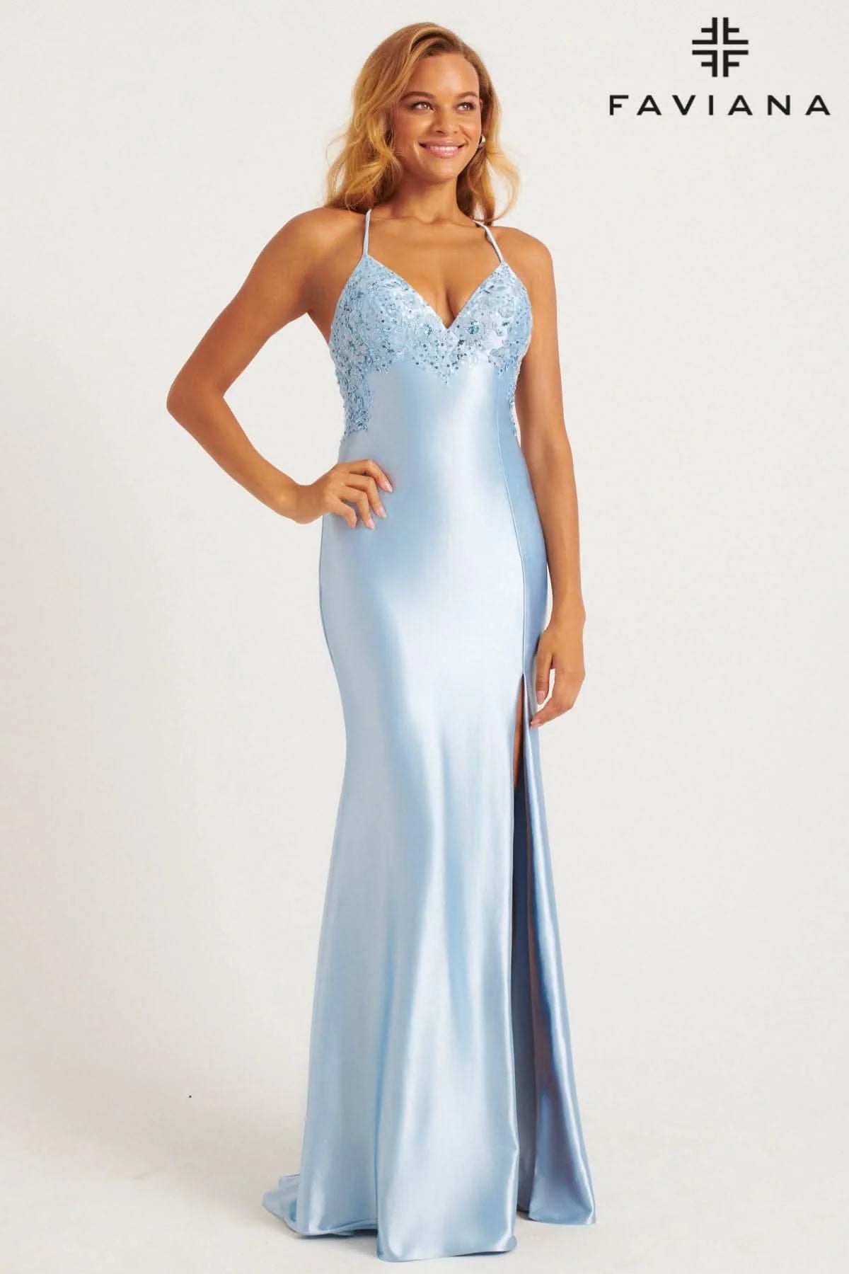 Satin V-Neck Lace-Up Dress With Subtle Appliqué Placement | E11240