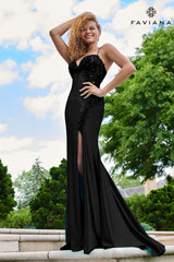 Black Unique Beaded Satin Dress With Lace-Up Back And Leg Slit | 11206